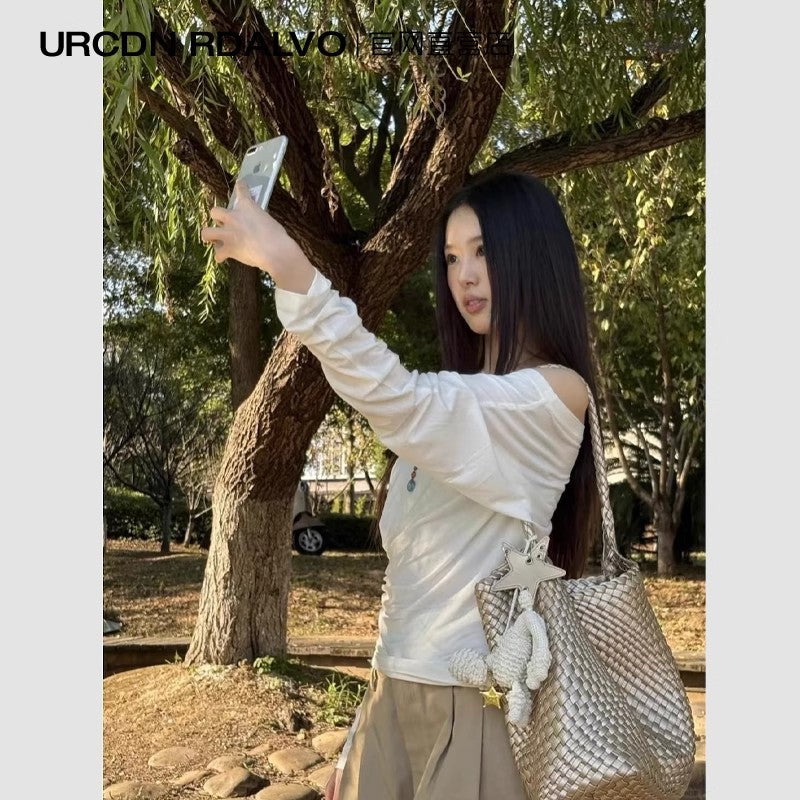 Women's Gun Medium Champagne Hand-woven Large Capacity Commuter Underarm Bags
