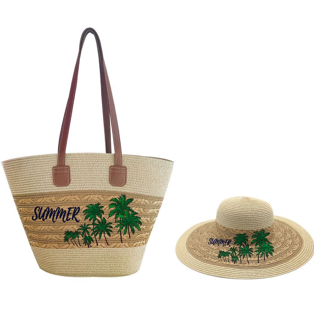 Fashionable Coconut Print Straw Woven Hat Set Vacation Women's Shoulder Bag