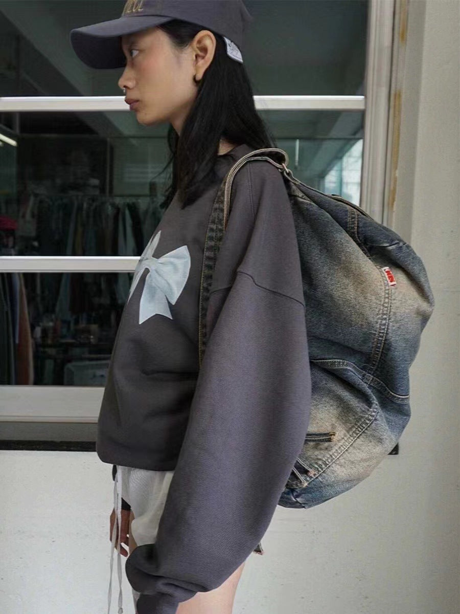 Worn Looking Washed-out Denim Large Capacity Women's Shoulder Bag