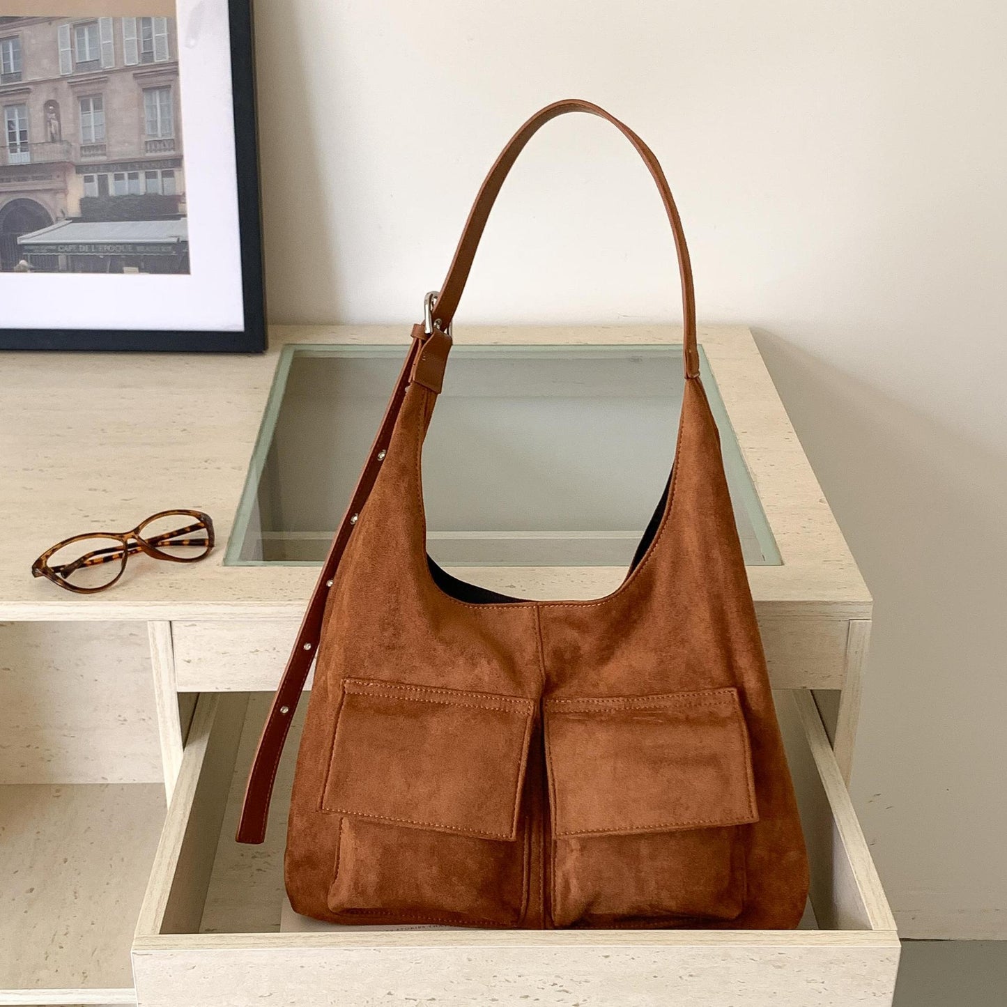 Women's Suede Retro Style Fashionable Large Capacity Korean Shoulder Bags