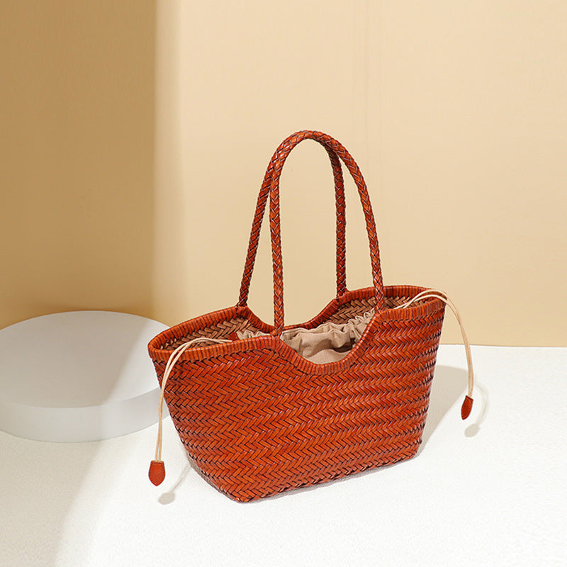 Genuine Leather Woven Large Capacity French Retro Vegetable Tote Bags
