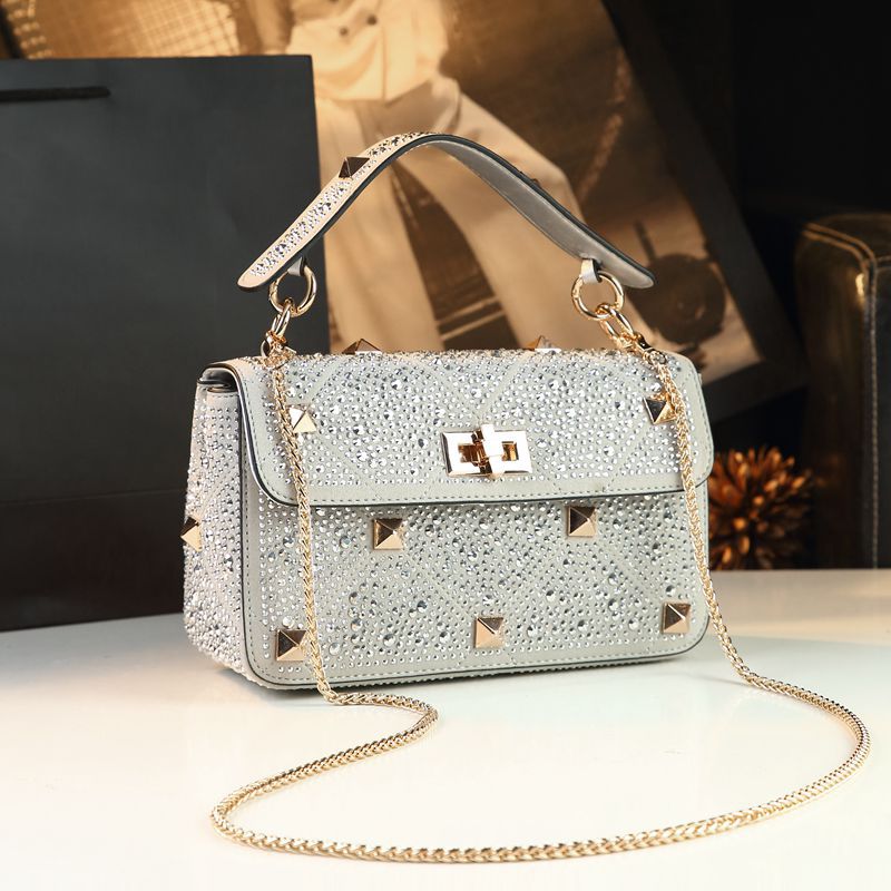 Women's Rhinestone Rivet Chain Fashion Portable Dinner Small Square Bags