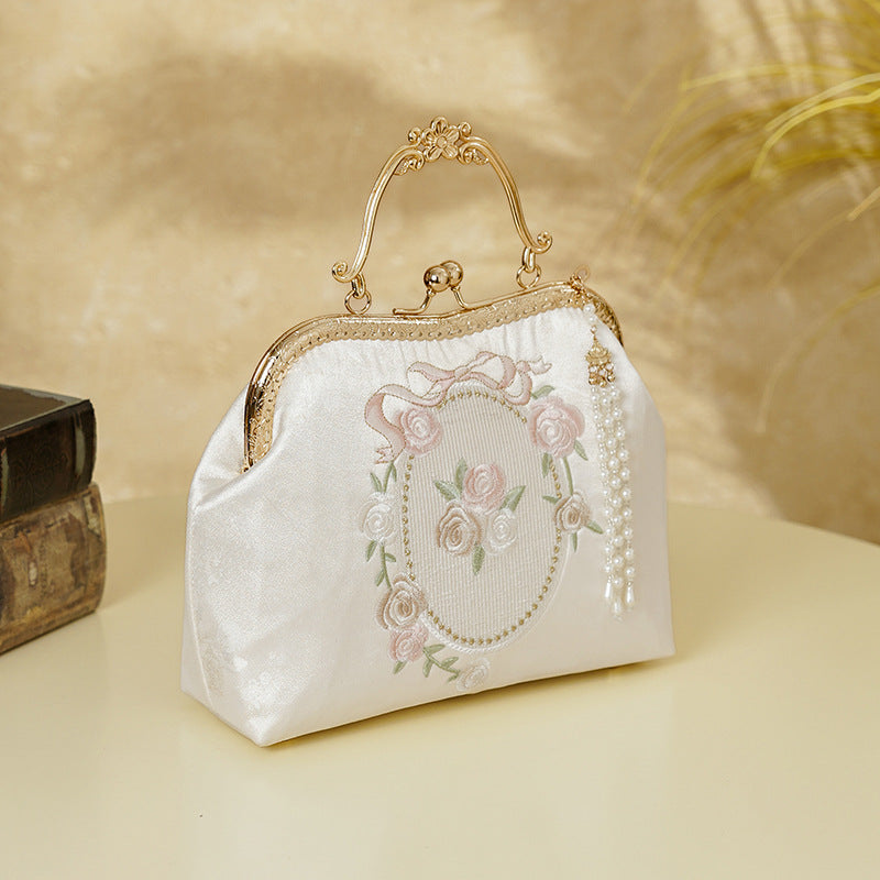 Rose Embroidered Chinese Style Cheongsam Banquet White Accessory Women's Handbag