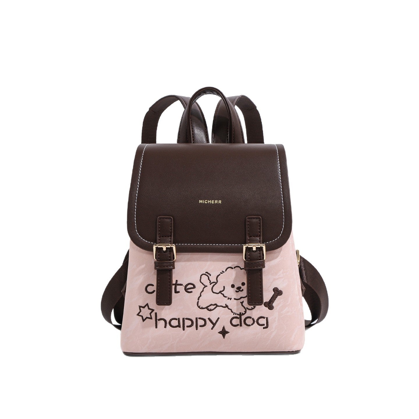 Beige Pink Quicksand Pattern Dog Embroidered Women's Backpack