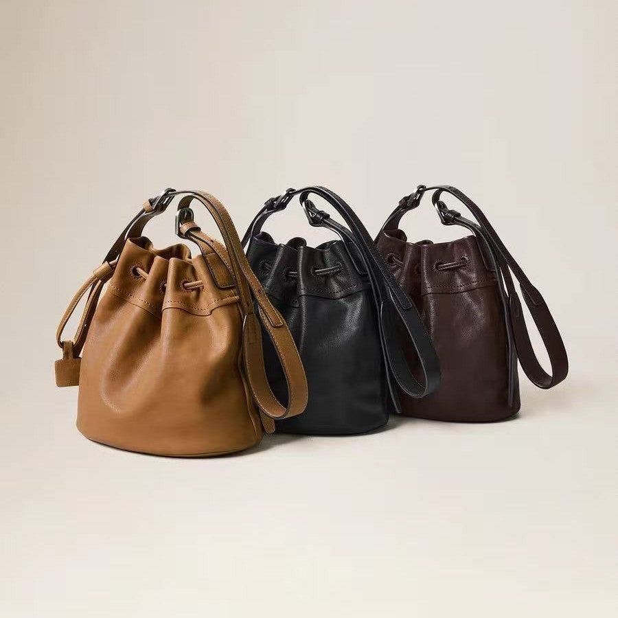 Vegetable Tanned Sheepskin Drawstring Commute Pouch Female Bags