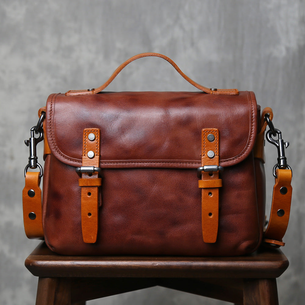 Women's & Men's Genuine Leather Handmade First Layer Cowhide Vegetable Tanned Men's Messenger Bag