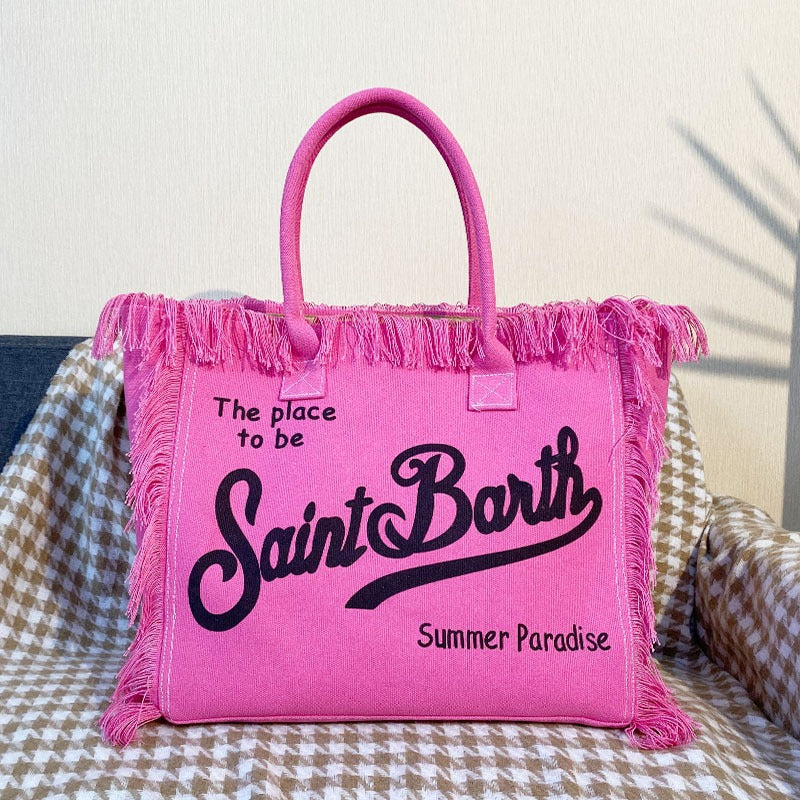Beach Letters Large Capacity Commuter Handmade Tassel Tote Bag