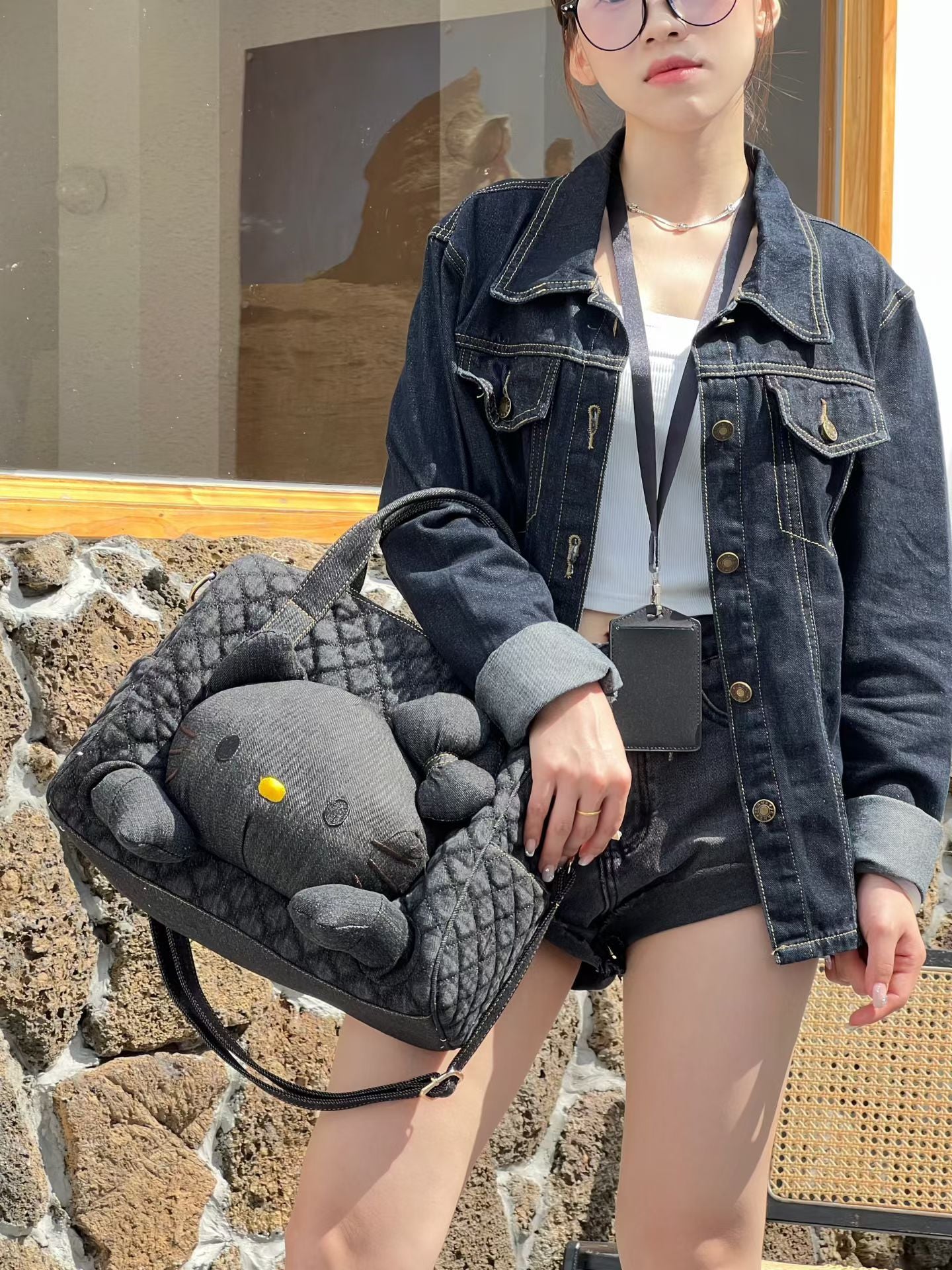Style Black Leather Cat Rhombus Pillow Denim Personalized Doll Women's Shoulder Bag
