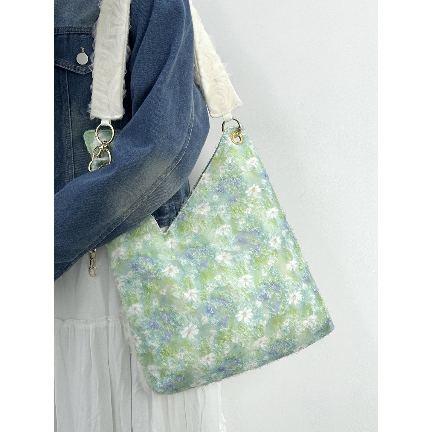 Women's Green Daisy Canvas Cute Cat Large Capacity Women's Shoulder Bag