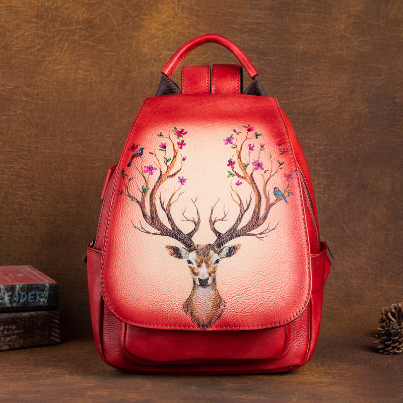 Leather First Layer Cowhide Creative Printed Yellow Brown Retro Backpacks
