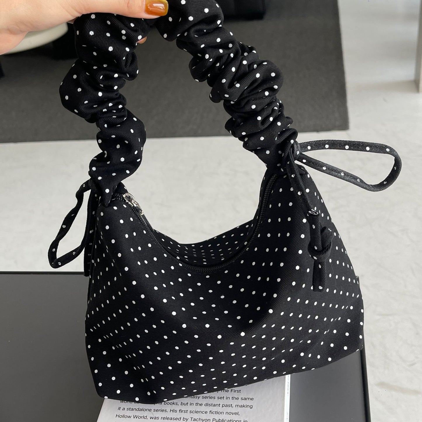 Women's Fashionable Polka Dot Drawstring Ruffle Adjustable Strap Convenient Shoulder Bags