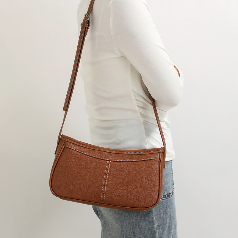 Women's Genuine Leather Simple Underarm Baguette Fashion First Layer Cowhide Women's Messenger Bag