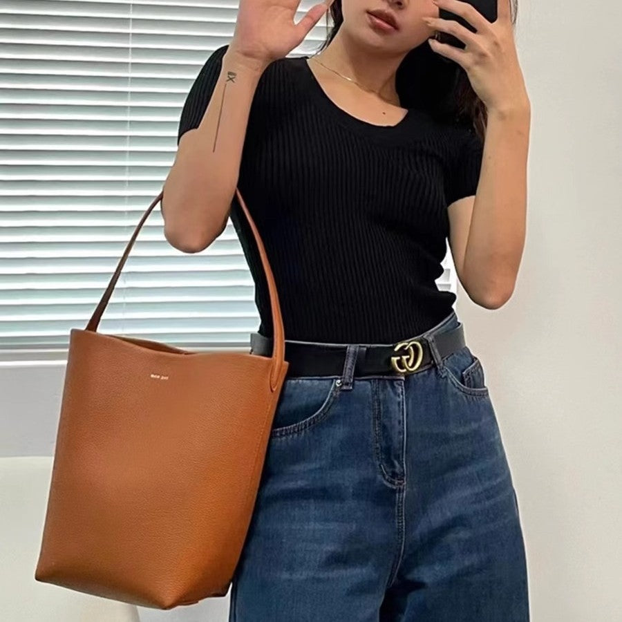 Women's Layer Cowhide Version High Quality Underarm Lychee Bucket Bags
