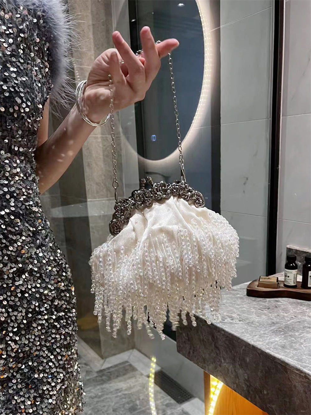 Beaded Tassel Lady Clutch Pearl Chain Women's Handbag