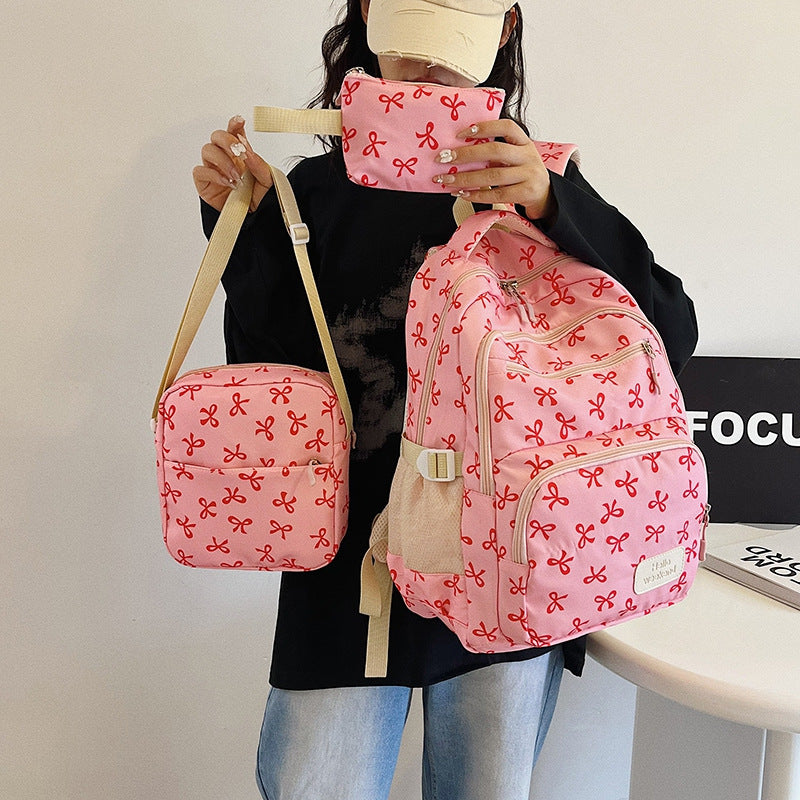 Three-piece Bow Heart Preppy Style Floral Sweet Bags