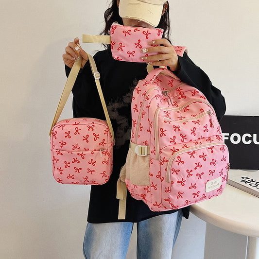 Three-piece Bow Heart Preppy Style Floral Sweet Bags