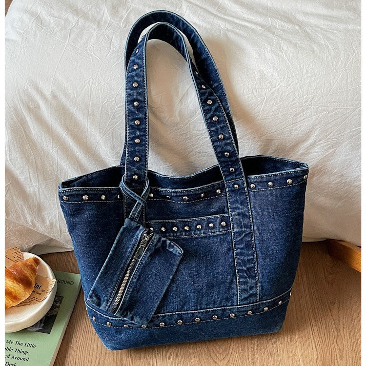Women's Denim Trendy Unique Studded Large Capacity Tote Bags