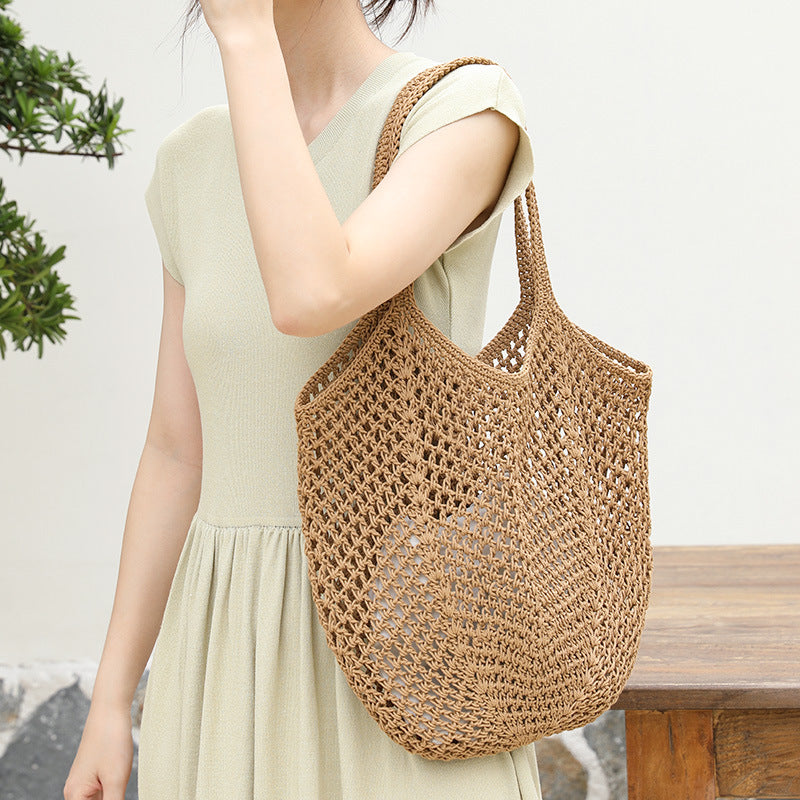 Women's Korean Drawstring Fashionable Cotton Hollow Hand-woven Women's Shoulder Bag