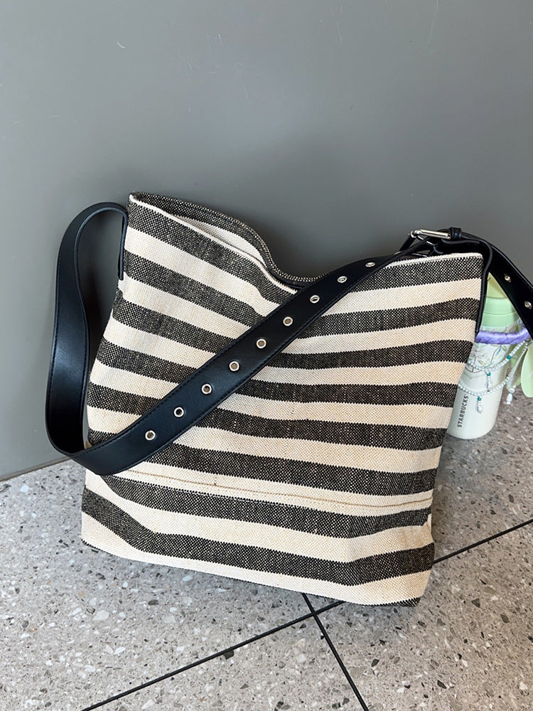 Women's Ge Black White Striped Canvas Large Capacity Bags