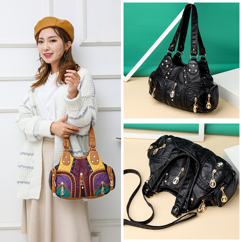 Trendy Colored Mosaic Large Capacity Washed Leather Bags