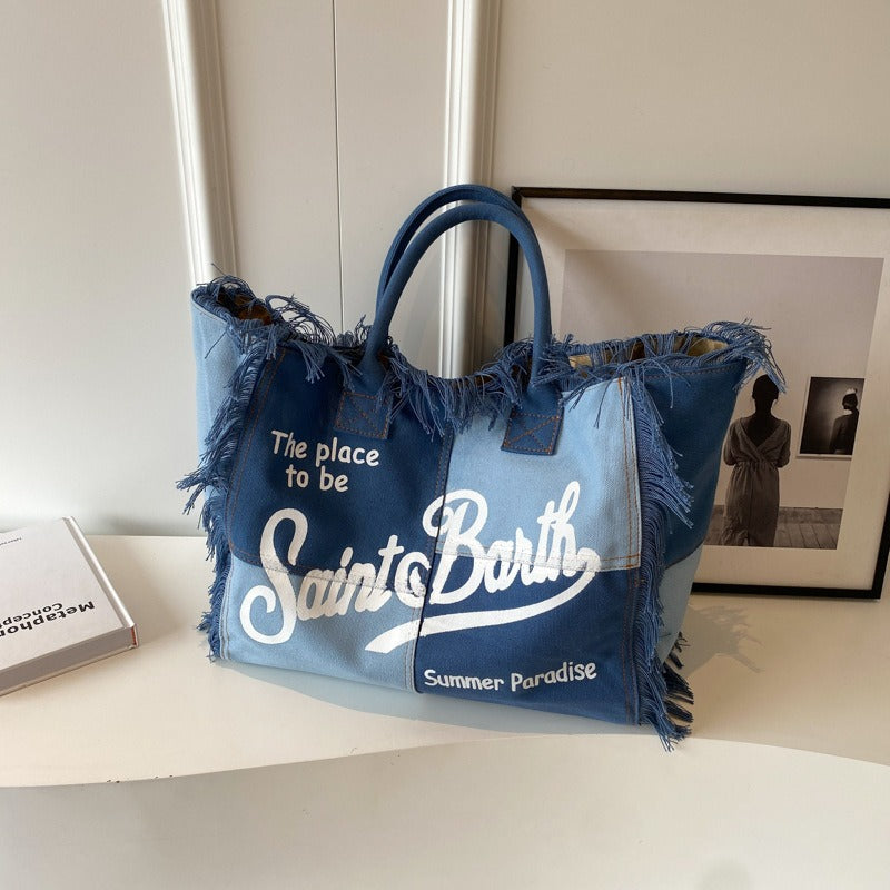 Beach Large Capacity Commuter Handmade Tassel Denim Tote Bag