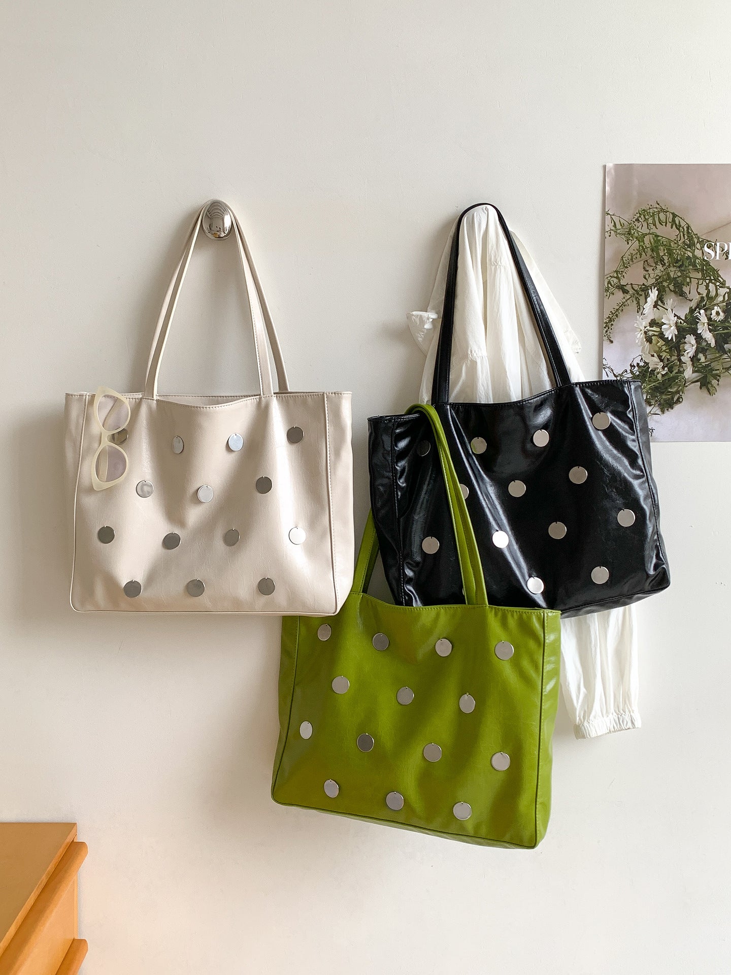 Metal Polka Dot Soft Leather Large Capacity Female Women's Shoulder Bag