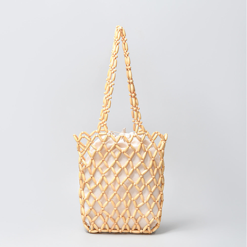 Women's Large Capacity Hand-woven Leisure Portable Seaside Beach Vacation With Wooden Women's Shoulder Bag