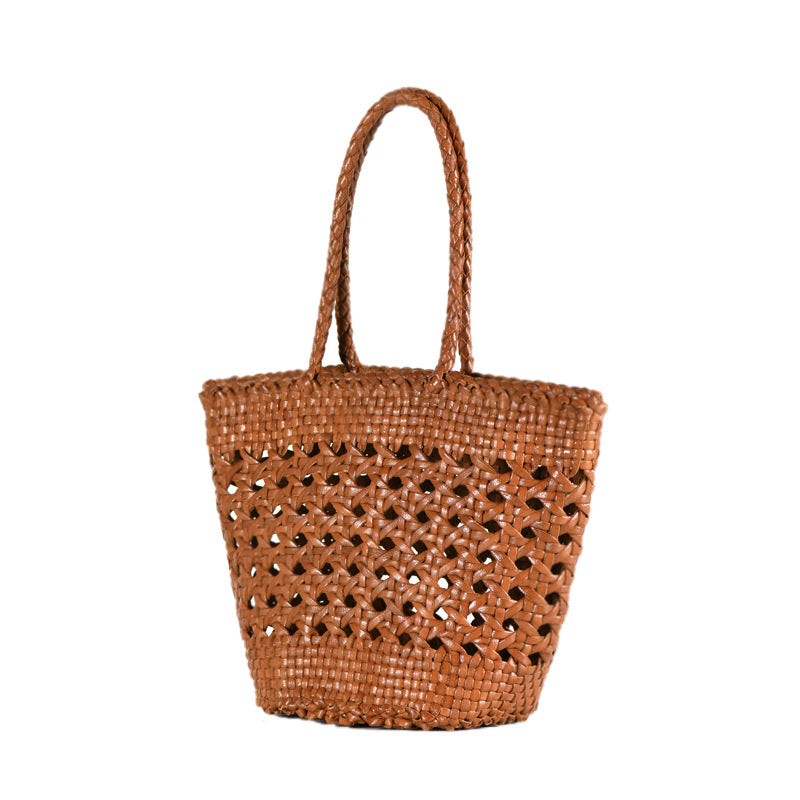 French Woven Vegetable Basket Cowhide Hollow Women's Handbag