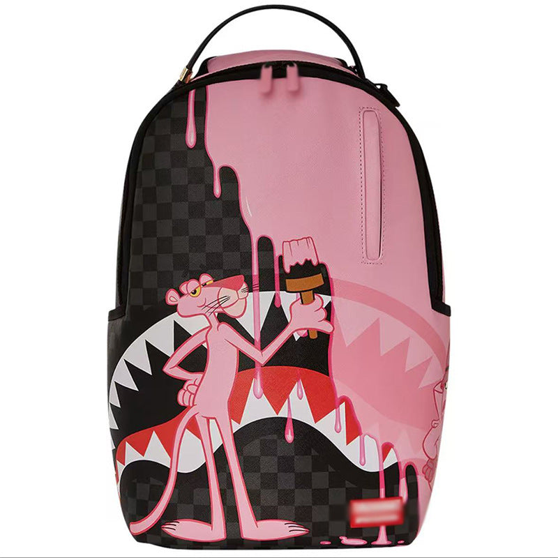 Men's Leather Trendy Cool Plaid Shark Business Fashion Computer Large Capacity Leisure Backpack