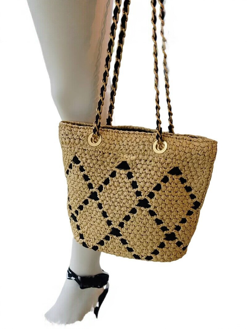 Women's Classic Style Rhombus Straw Woven Large Capacity Women's Shoulder Bag