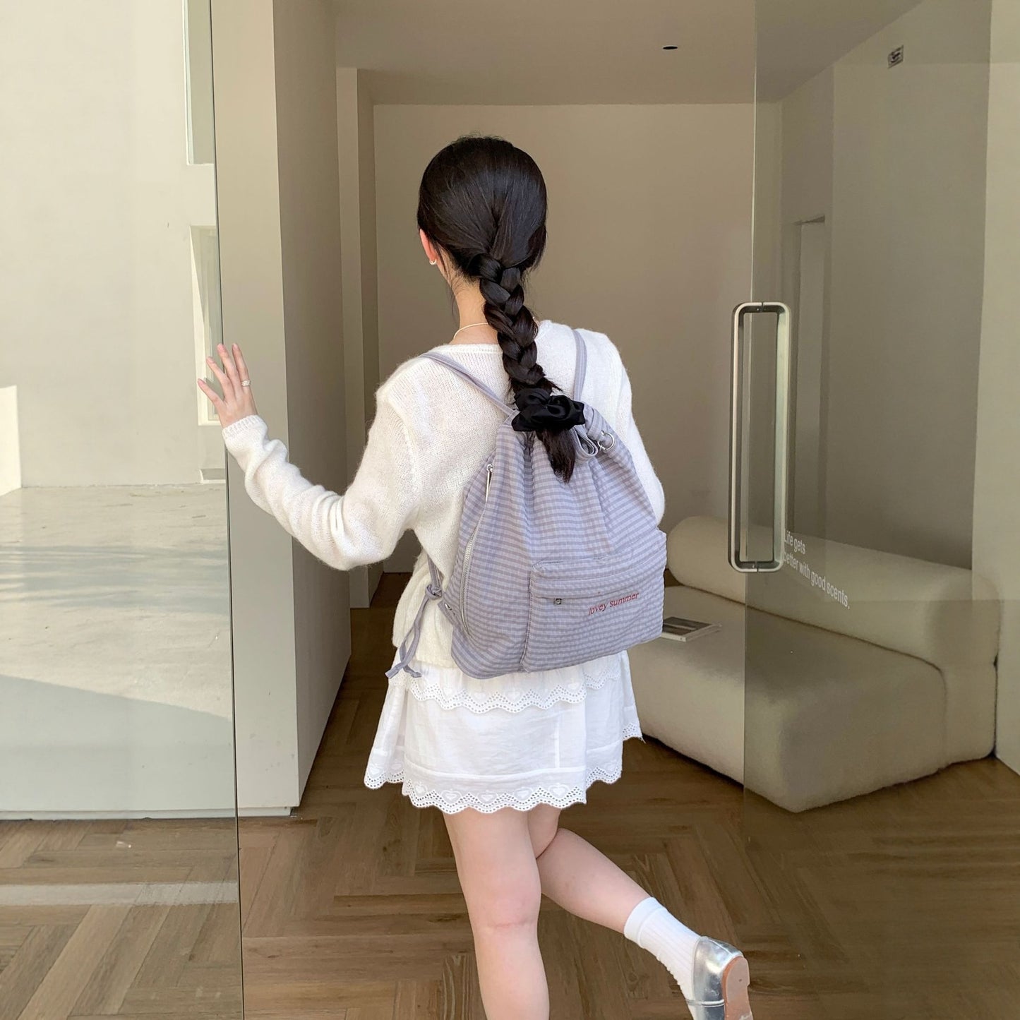 Women's Drawstring Plaid Large Capacity Commute High Women's Backpack