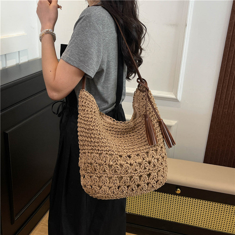 Women's Cute Leisure Vacation Woven Straw Seaside Tassel Tote Bag