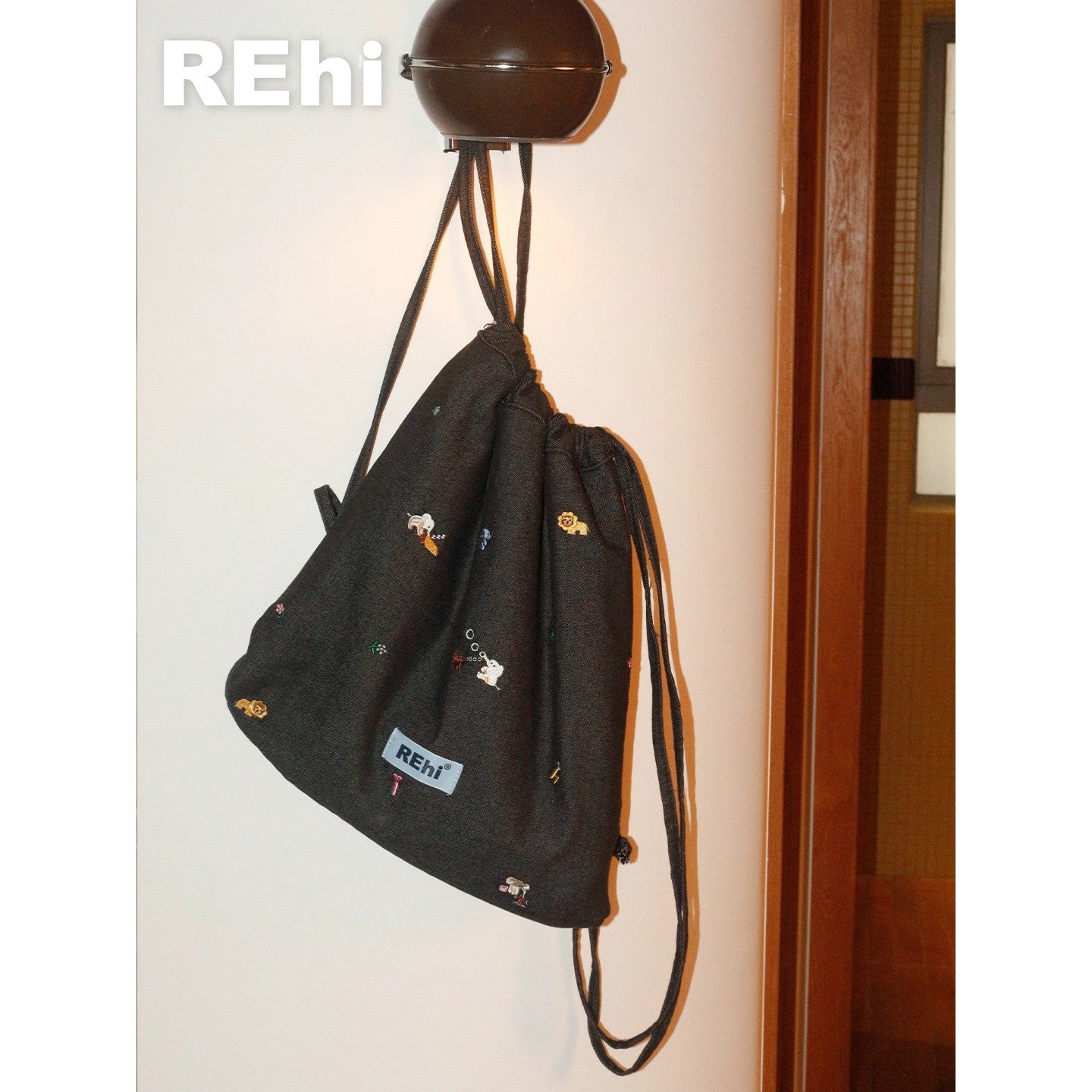 Forest Party Funny Embroidery Denim Drawstring Backpacks