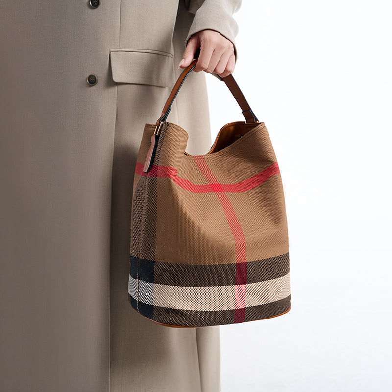 Women's Canvas Check Pattern Fashionable Contrast Color Striped Large Capacity Women's Handbag
