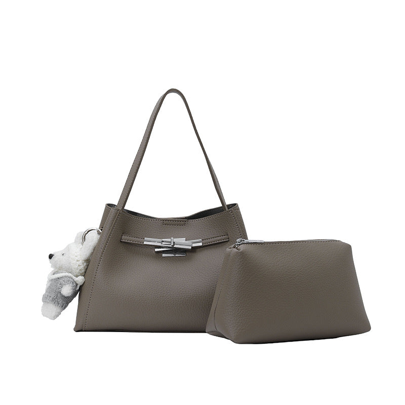 Women's Niche Portable Kelly High-grade Lychee Pattern Large Bucket Bag