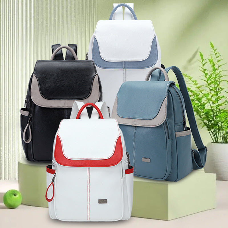 Soft Leather Large Capacity Contrast Color Women's Backpack