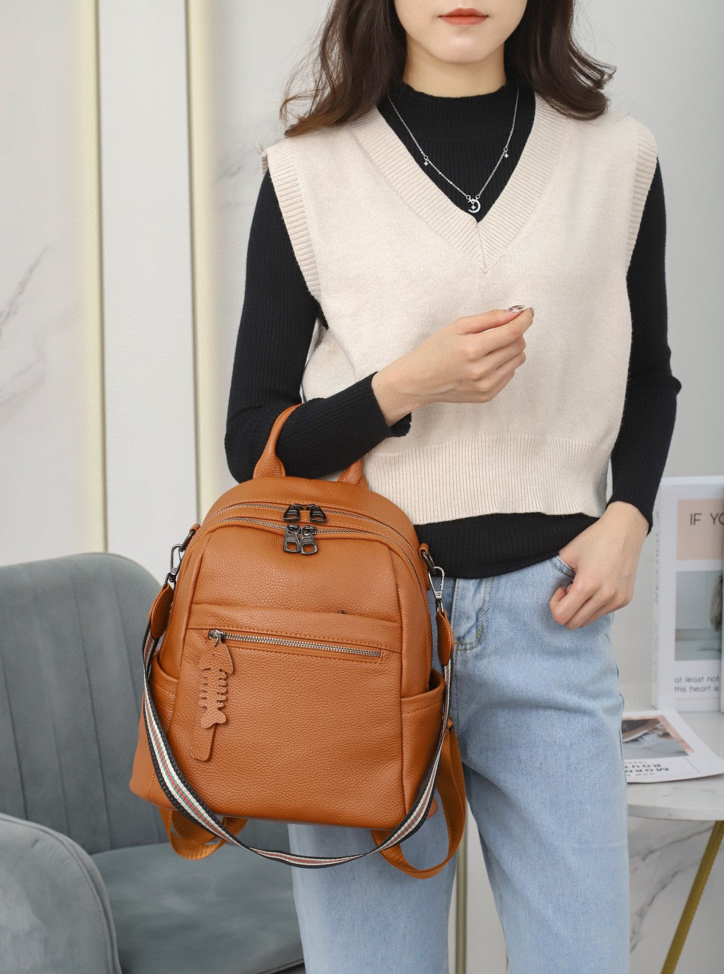 Women's Simple Korean Fashion Cowhide Trendy Female Women's Backpack