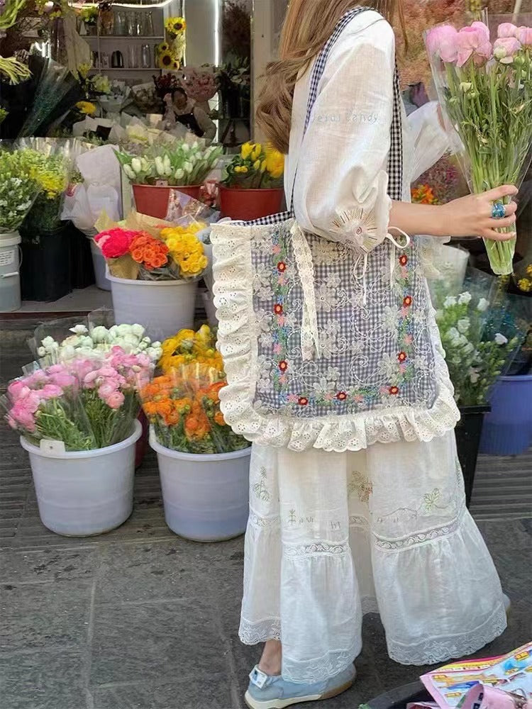 Women's Plaid Lace Canvas Summer Cloth Women's Messenger Bag
