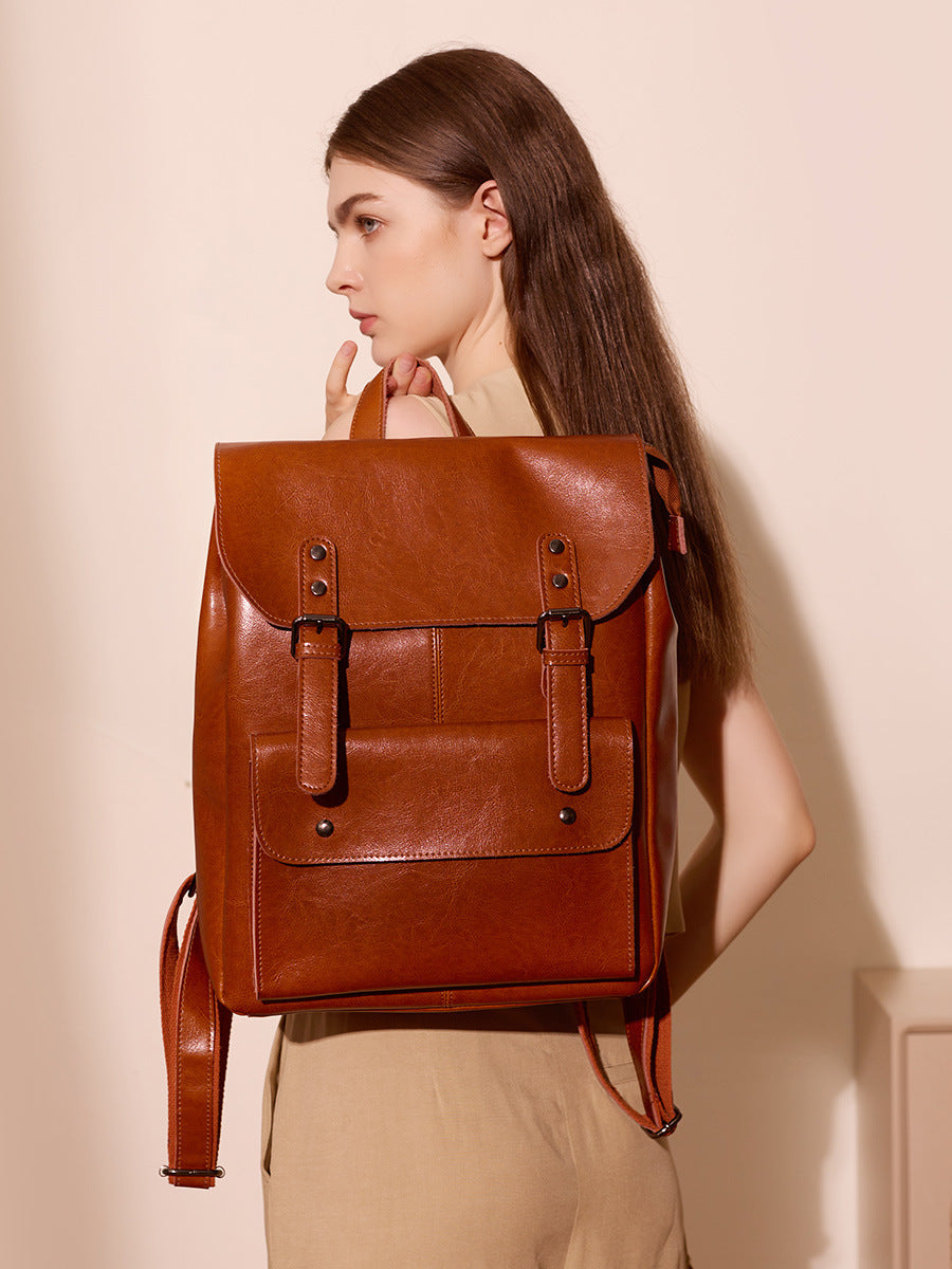 Women's Leather Cowhide Computer College Style Large Capacity Women's Backpack
