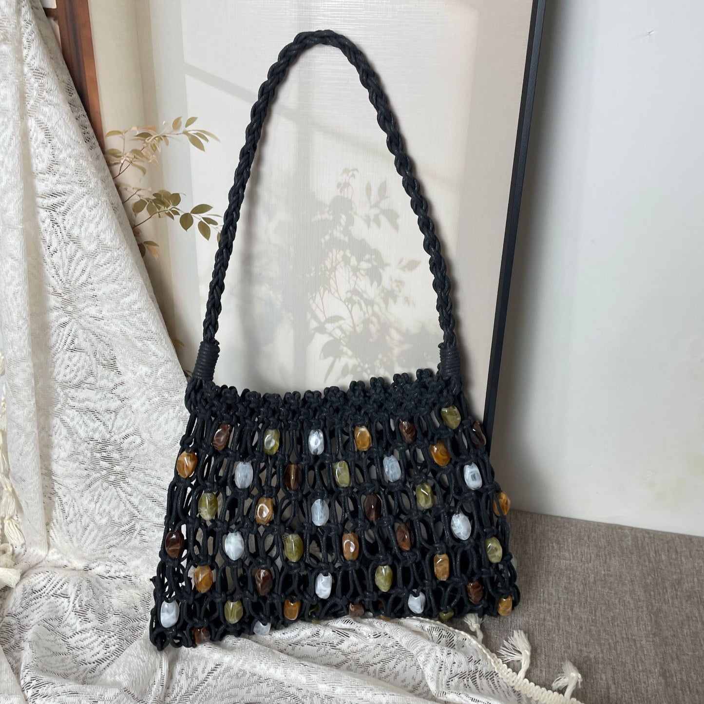 Hand-woven Acrylic Wax Rope Summer Hollow Mesh Beach Women's Handbag