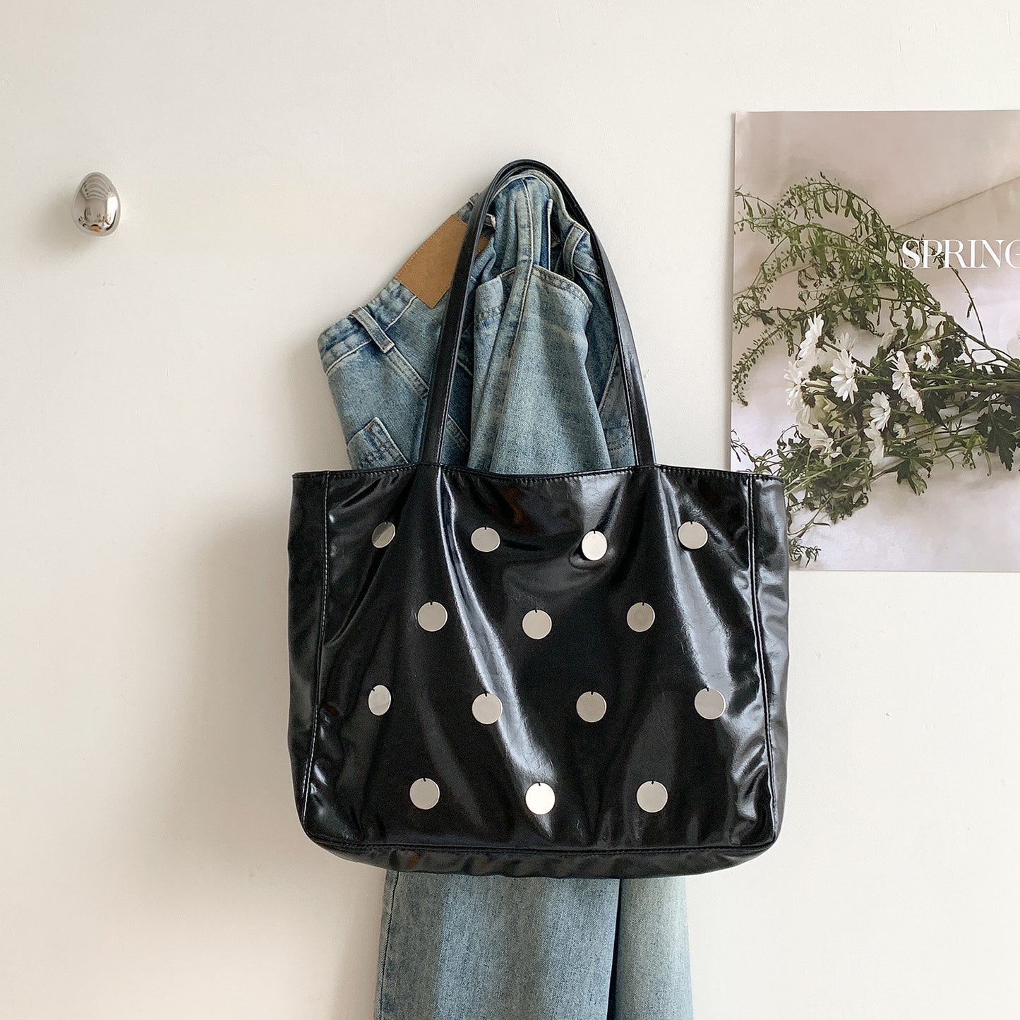 Metal Polka Dot Soft Leather Large Capacity Female Women's Shoulder Bag