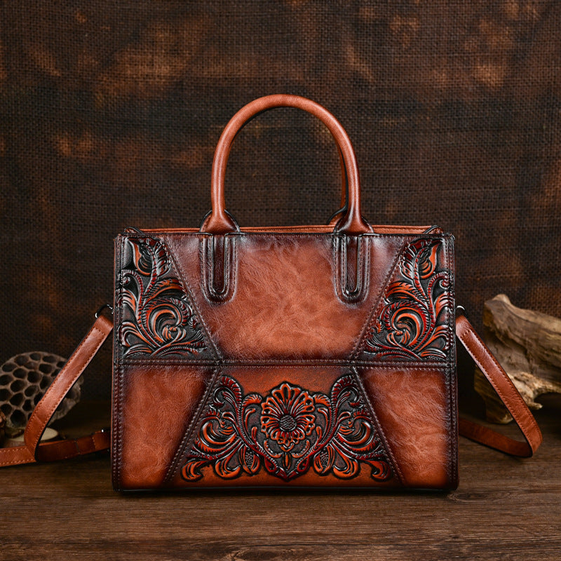 Women's Retro Patchwork Chinese Style Artistic Handmade Leather Carving Texture Women's Handbag