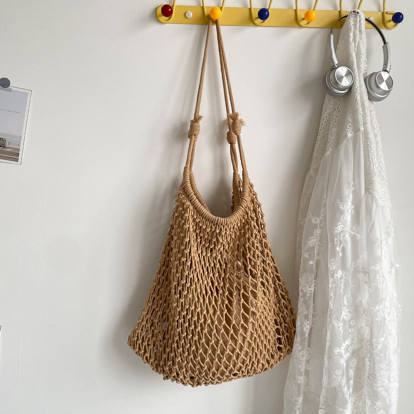 Large Capacity Mesh Woven Fishnet Drawstring Western Women's Shoulder Bag