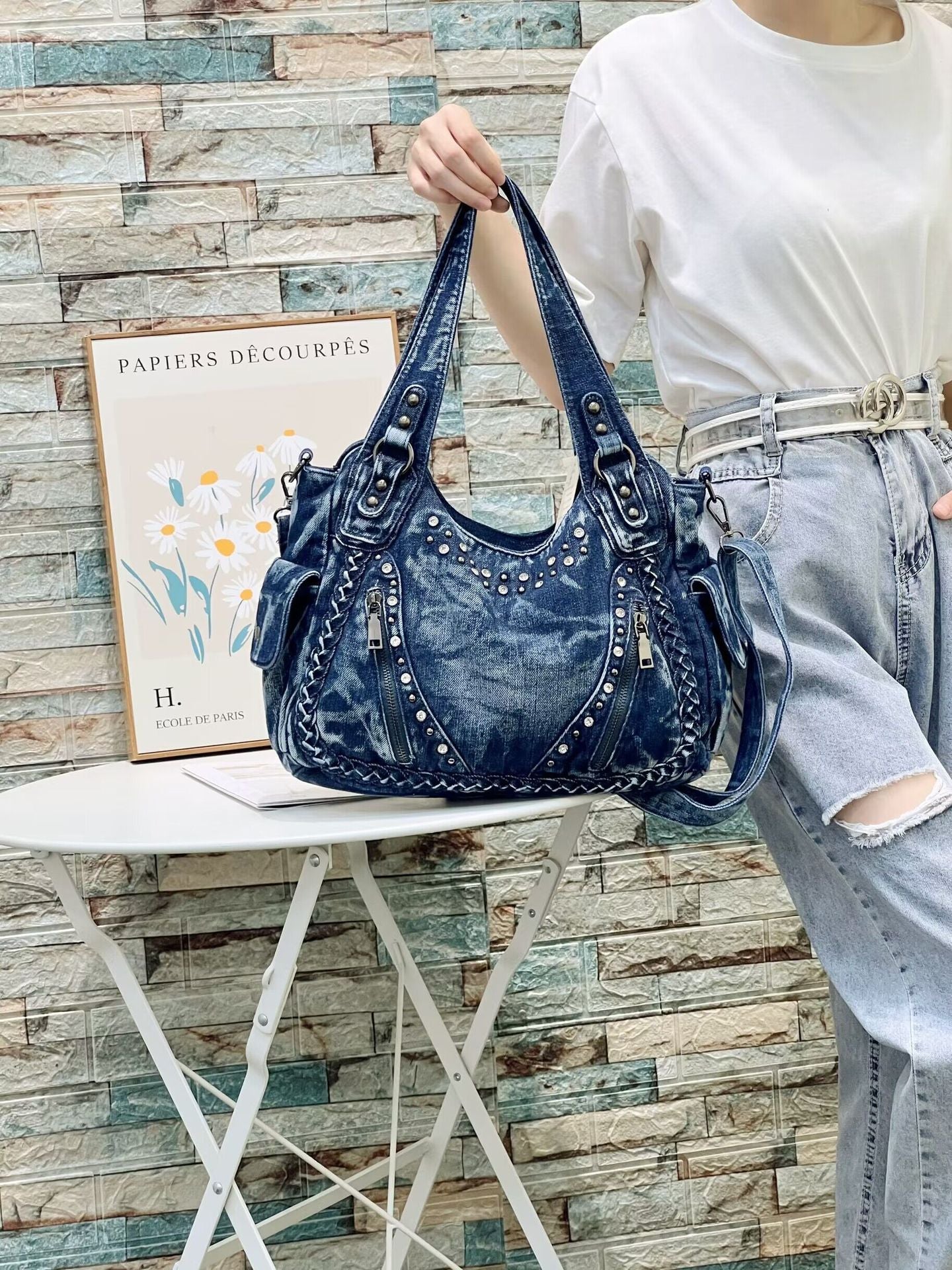 Women's Korean Personal Leisure Rivet Fashionable Washed Denim Large Tote Bag