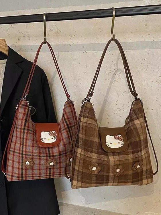 Women's Korean Retro Cat Design Plaid Large Leisure Backpack