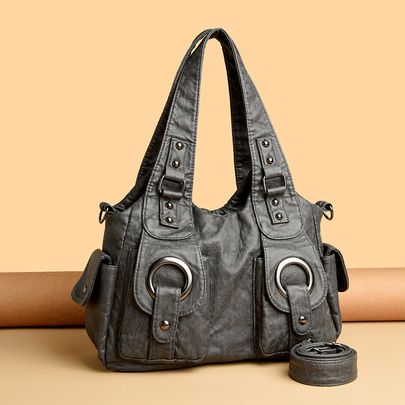 Women's Washed Leather Large Capacity Soft Retro Rivet Women's Shoulder Bag