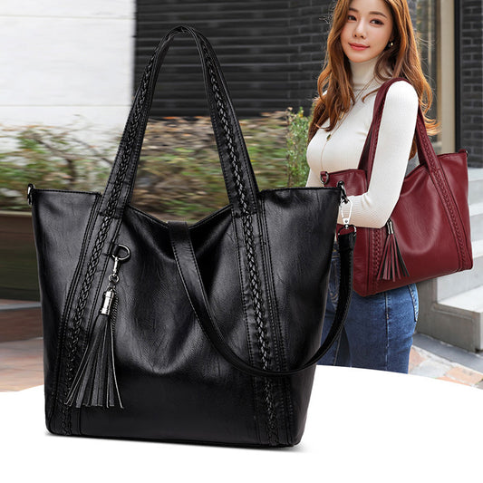 Women's Weave Large Capacity Tassel Soft Leather Commuter Tote Bag
