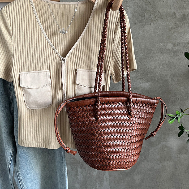 Woven Summer Portable Vegetable Basket French Retro Leather Bucket Bag