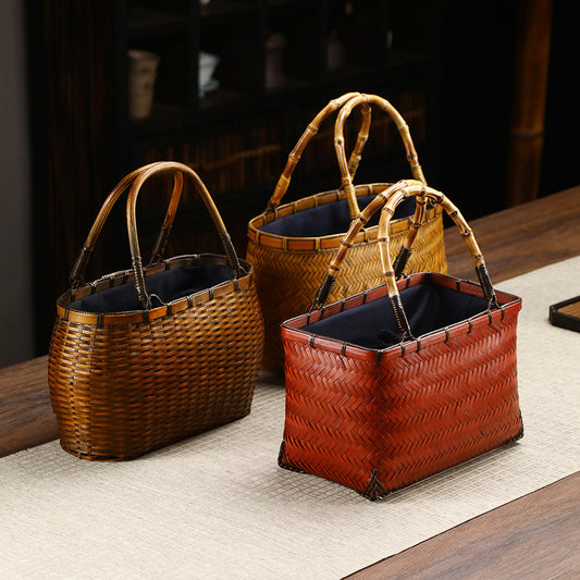 Knitted Purely Handmade Storage Basket With Handles For Tea Women's Handbag