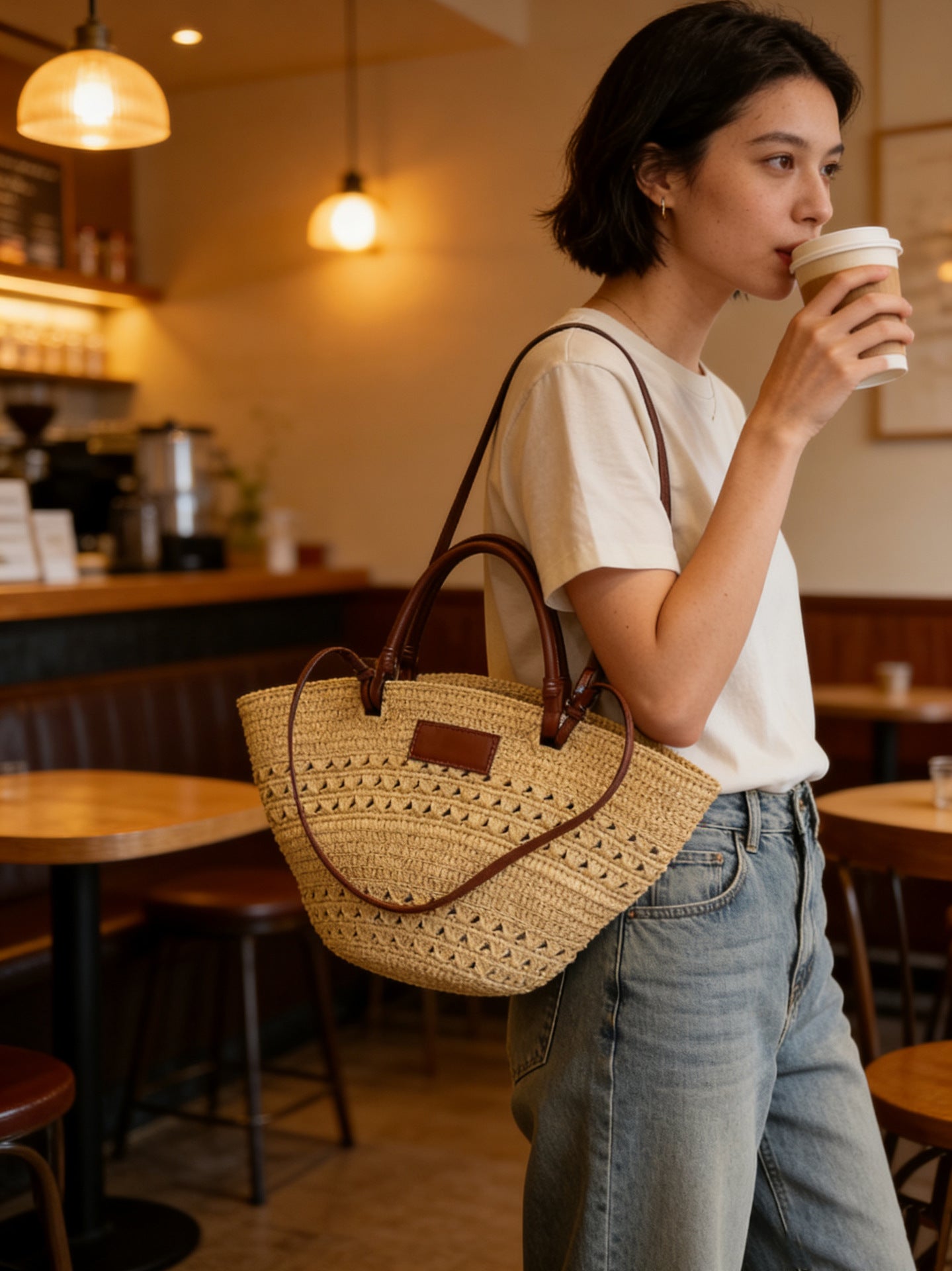 Women's Top Layer Cowhide Stitching Raffia Woven Vegetable Basket Large Tote Bag